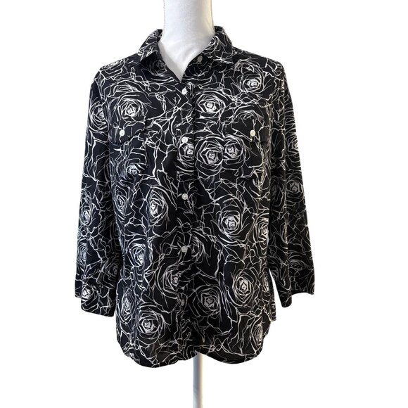 Jones New York Signature Womens Black & White Rose Print Button-Up Shirt XL - Picture 1 of 10